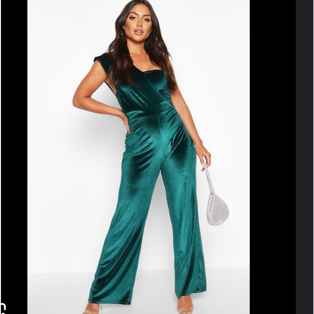 PLT Emerald Green Velvet Drape One Shoulder Jumpsuit WITH TAG